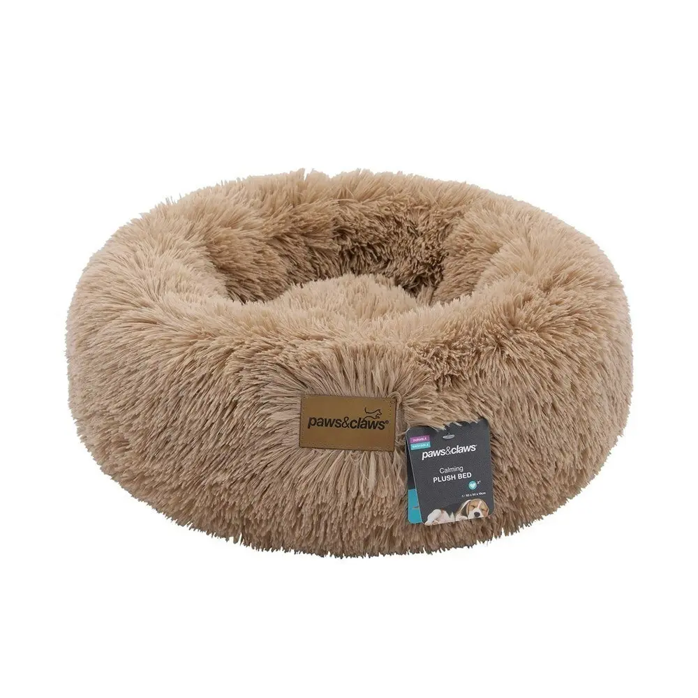 Paws & Claws Pet/Dog Calming 50cm Plush Bed Round Sleeping Cushion Small Camel