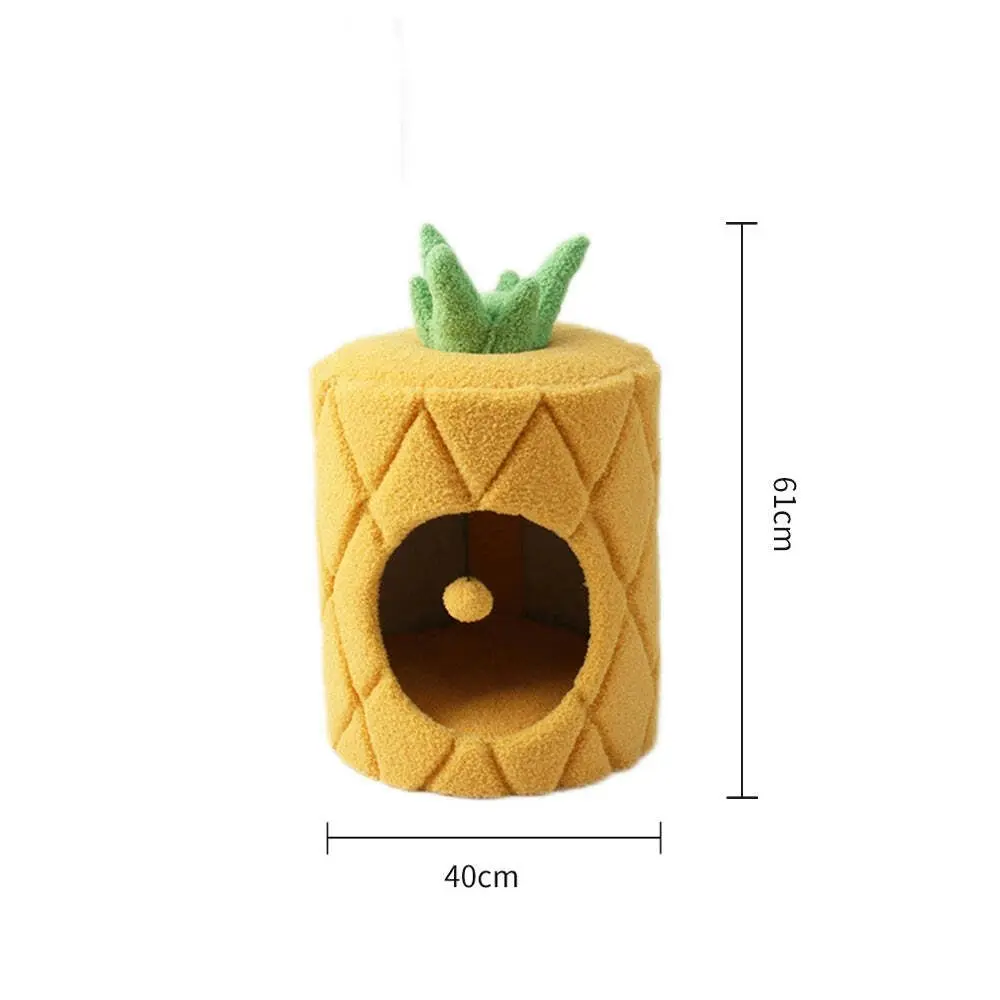 Catio Pineapple Pet/Cat House Cave Bed Sleeping Nest w/ Plush Play Ball Yellow