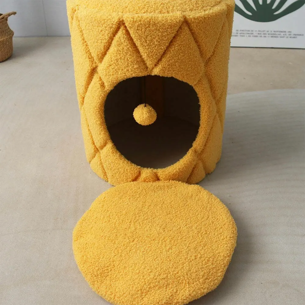 Catio Pineapple Pet/Cat House Cave Bed Sleeping Nest w/ Plush Play Ball Yellow