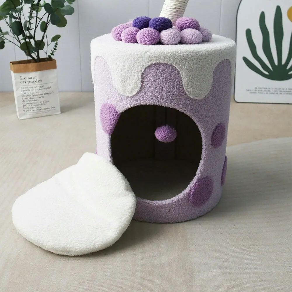 Catio Bubble Milktea Pet/Cat House Cave Bed Sleeping Nest w/ Plush Ball Purple