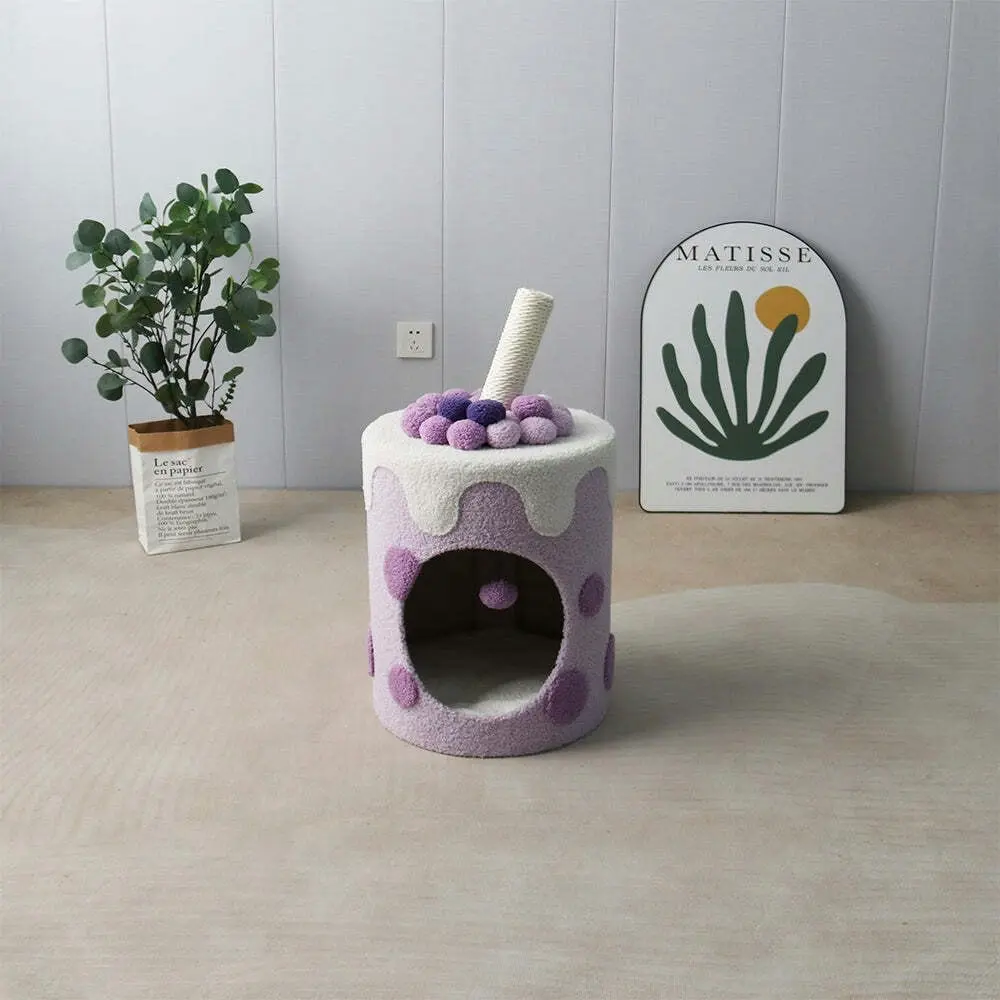 Catio Bubble Milktea Pet/Cat House Cave Bed Sleeping Nest w/ Plush Ball Purple