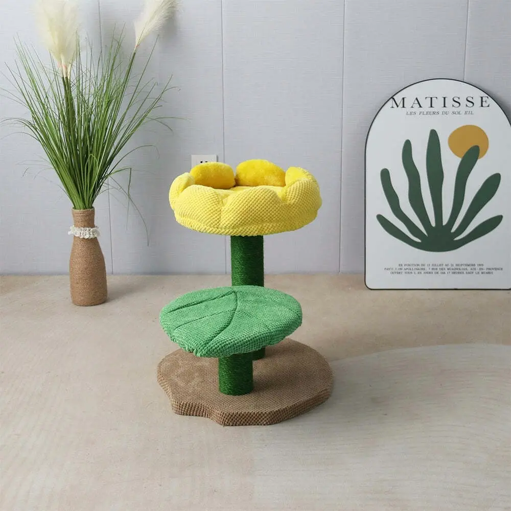 Catio 2-Level Yellow Camelia Flower Cat Scratching Tree Furniture Scratcher Post