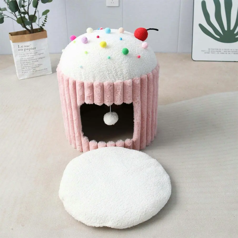 Catio Cupcake Pet/Cat House Cave Bed Sleeping Nest w/ Plush Play Ball Toy Pink