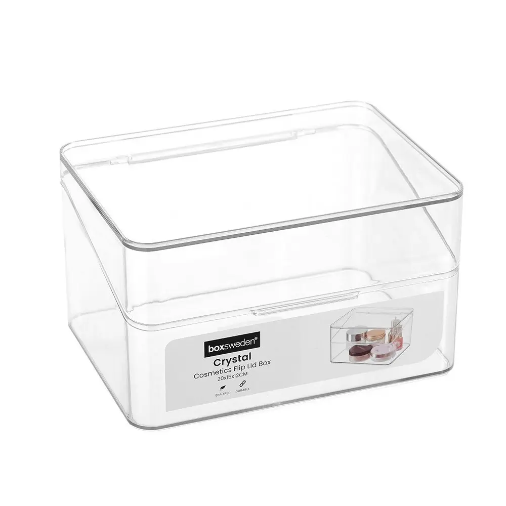 3x Boxsweden 20cm Crystal Cosmetics Box Organiser Storage Bin w/ Flip Lid Clear