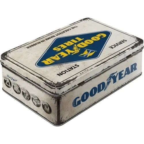 Nostalgic Art 23cm/2.5L Flat Tin Storage Goodyear Logo White Rectangle Container