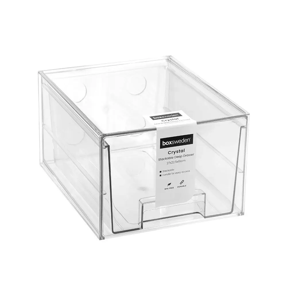 Boxsweden Crystal 27x16cm Stackable Deep Drawer Storage Home Organiser Clear