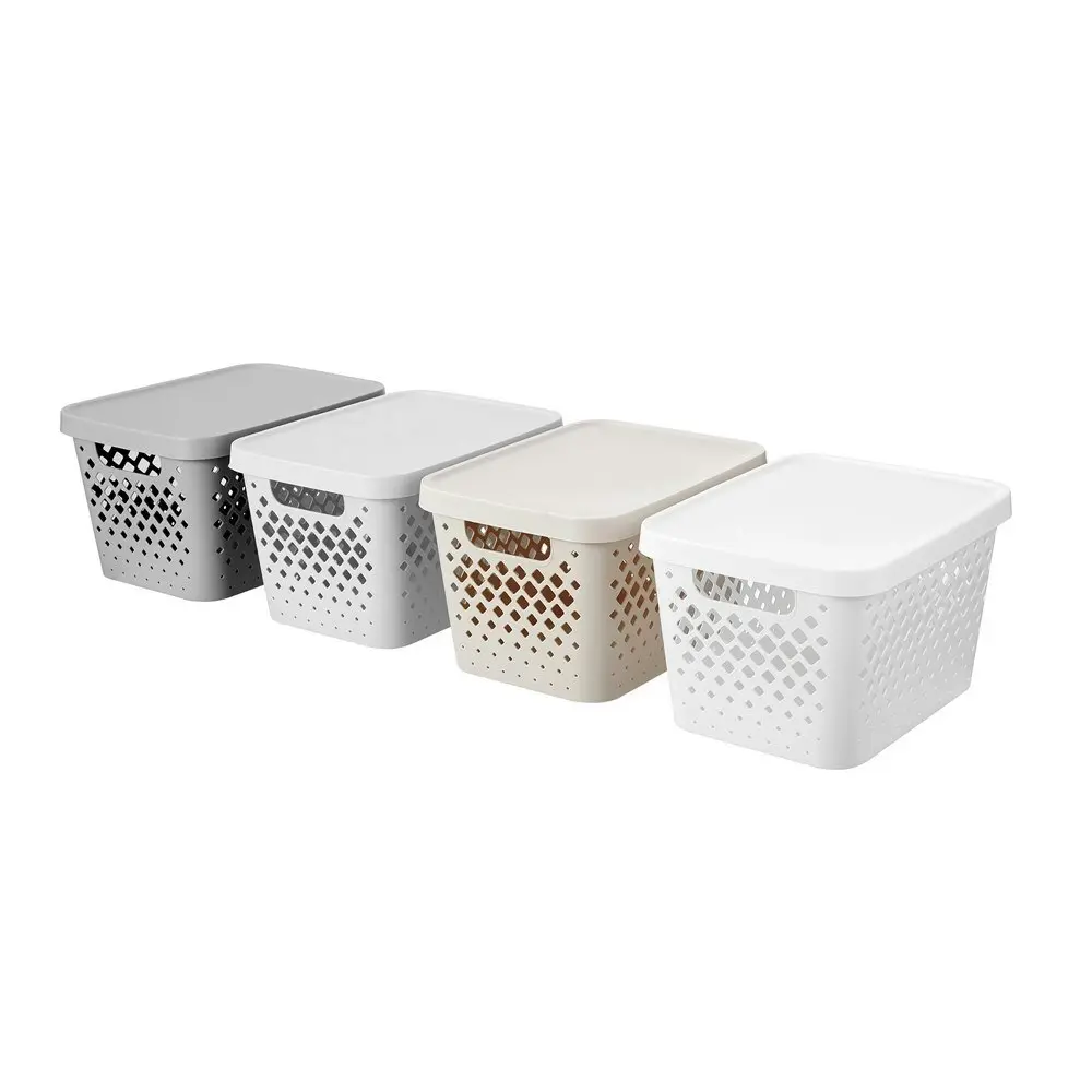 2x Boxswedn Kept Diamond 16L/36cm Storage Bin/Basket Home Organiser w/ Lid White