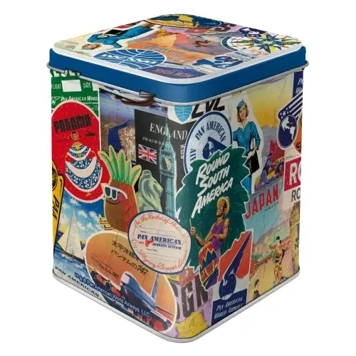 2x Nostalgic Art Tea Tin 7.5x9.5cm Metal Storage Organiser Pan Am Travel Collage