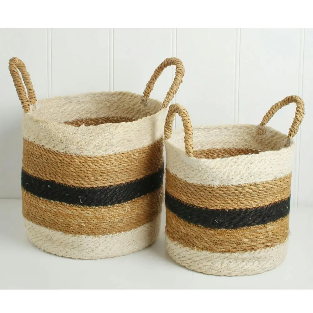 2pc Maine & Crawford Imen Stripe Jute 25/30cm Round Basket Storage Organiser