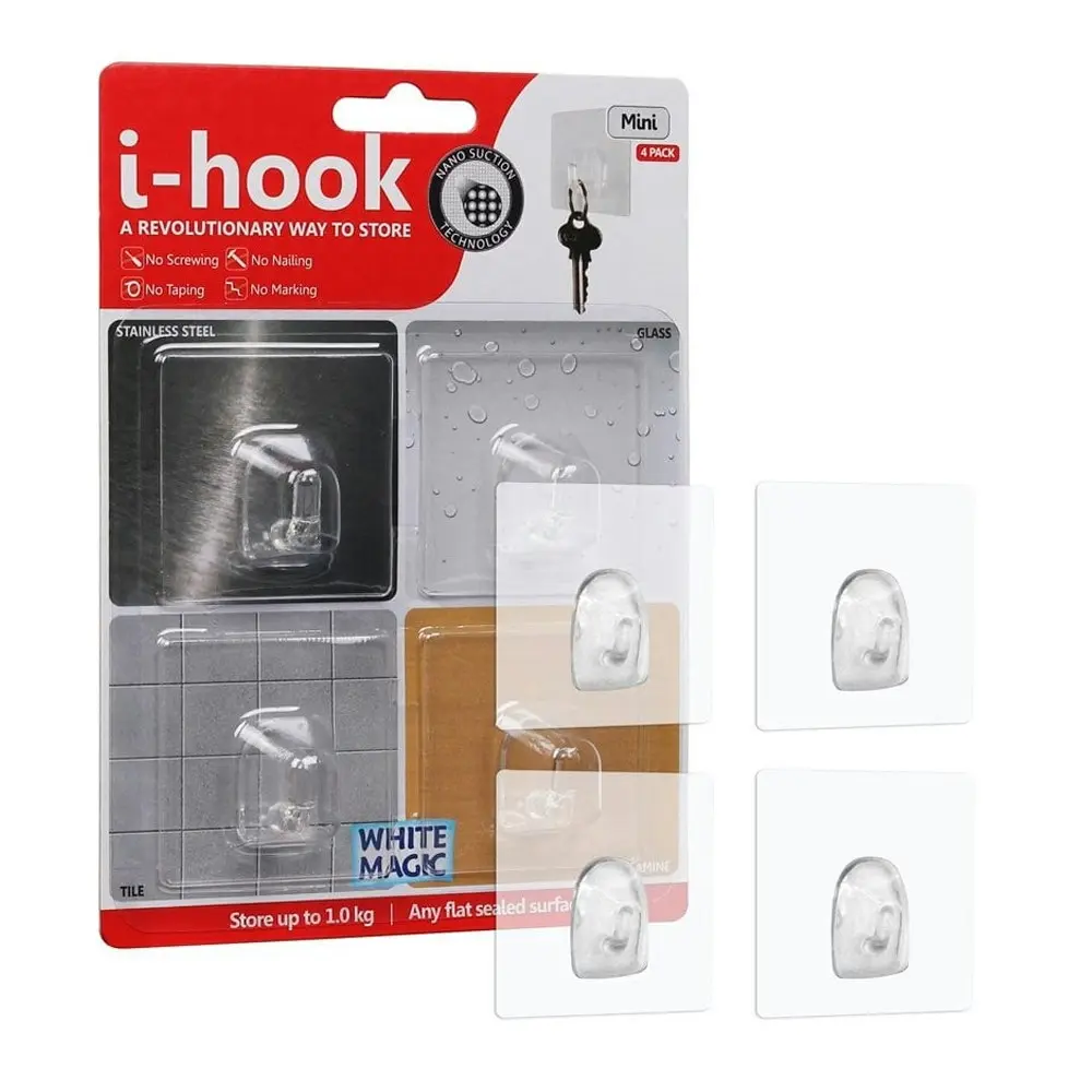 4pc White Magic i-Hook Mini 47cm Multi-Surface Hook Wall Mounted Storage Clear