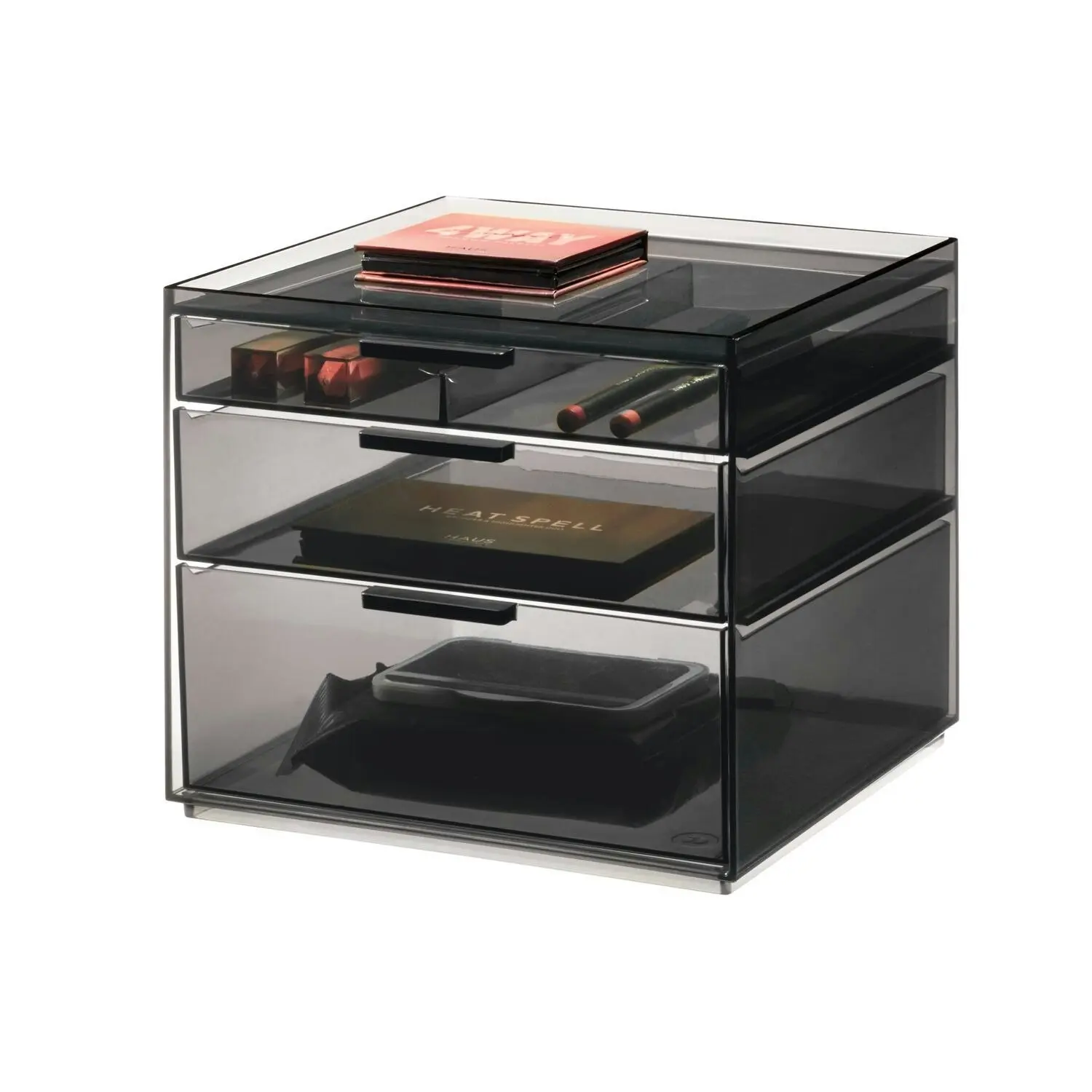 Idesign 20.59cm 3-Drawer Tall Cosmetic Organiser Makeup Holder Smoke/Matte Black