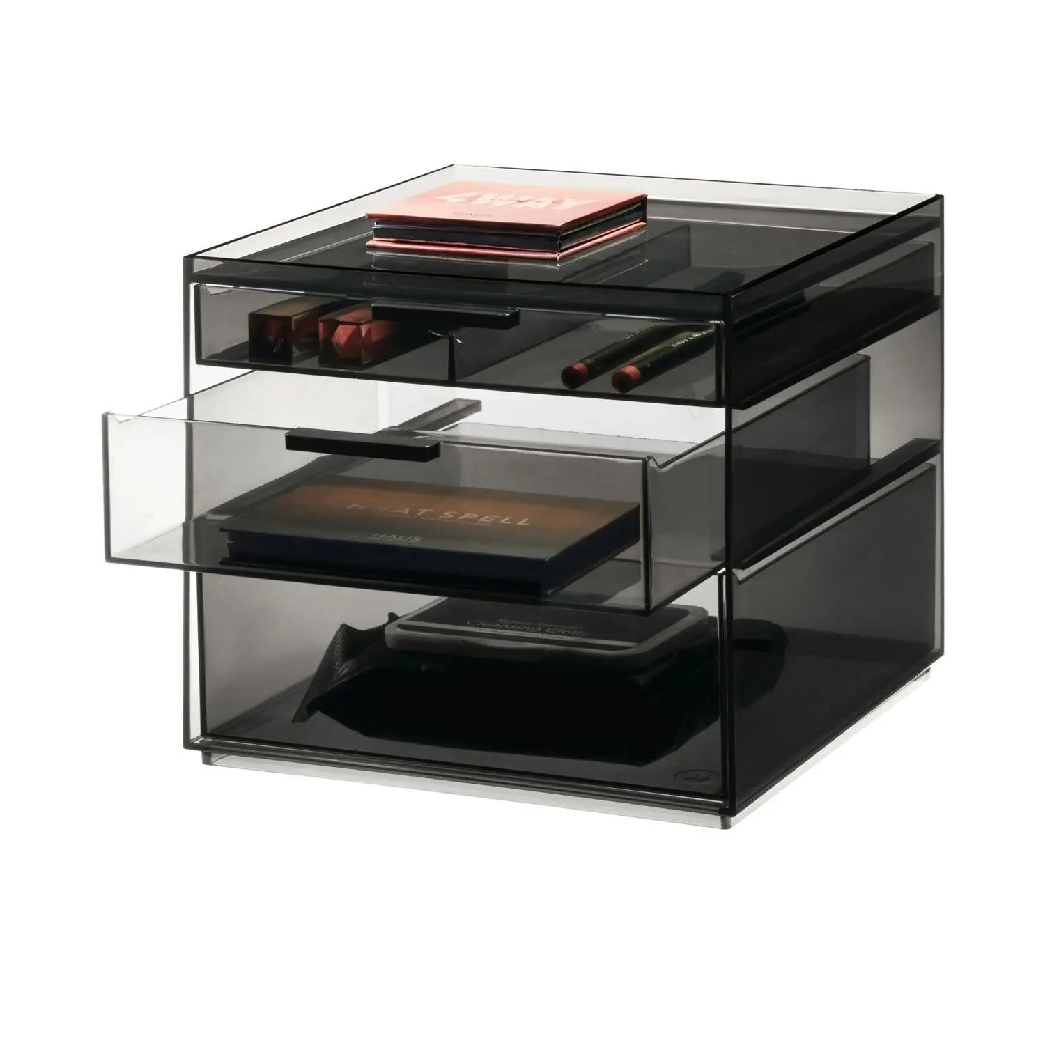 Idesign 20.59cm 3-Drawer Tall Cosmetic Organiser Makeup Holder Smoke/Matte Black