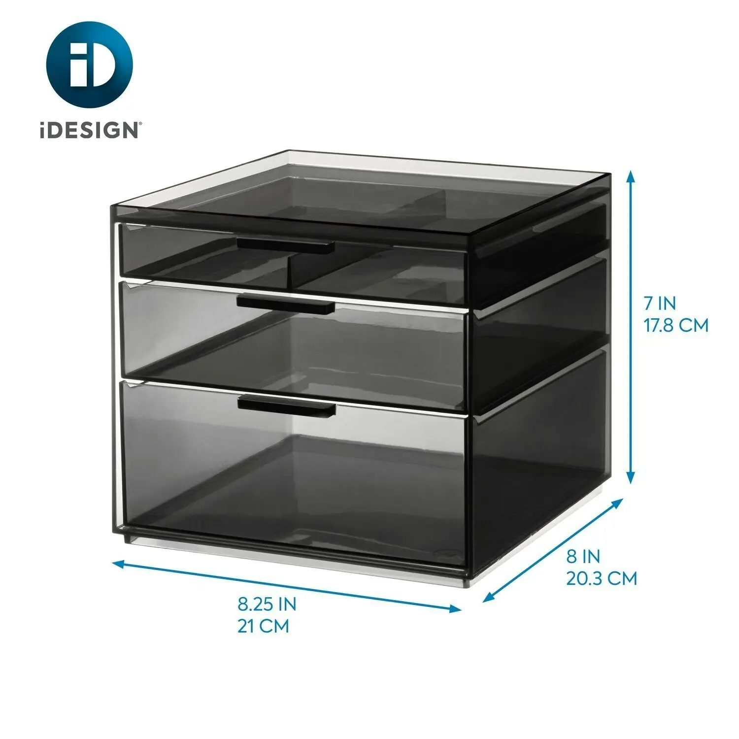 Idesign 20.59cm 3-Drawer Tall Cosmetic Organiser Makeup Holder Smoke/Matte Black