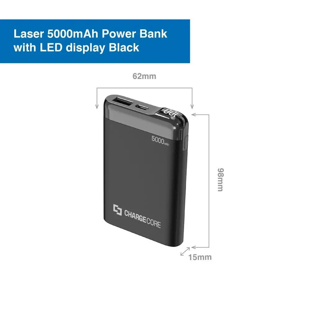 Laser 5000mAh Power Bank USB-C/USB-A Phone/Mobile Charger w/LED Display Black