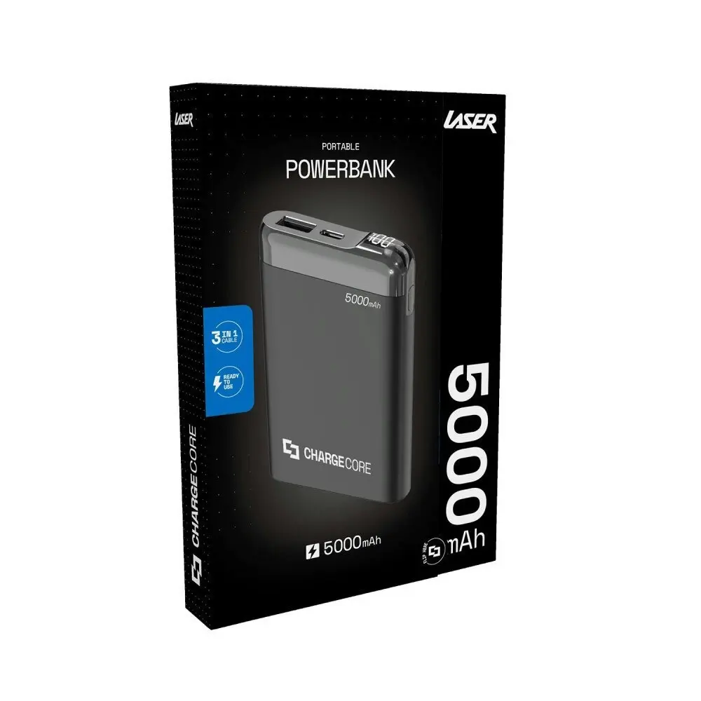 Laser 5000mAh Power Bank USB-C/USB-A Phone/Mobile Charger w/LED Display Black