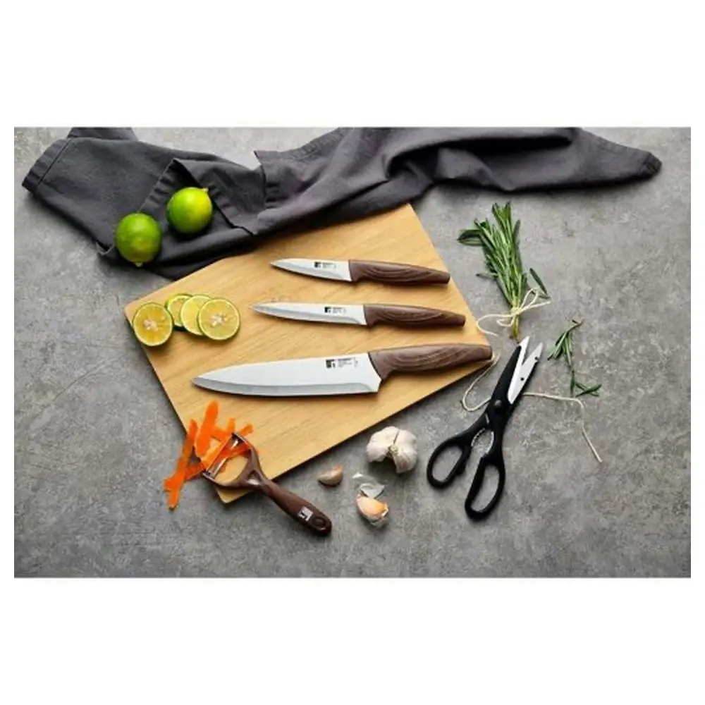 6pc Bergner Stainless Steel Kitchen Knife/Peeler/Scissors & Wooden Board Set