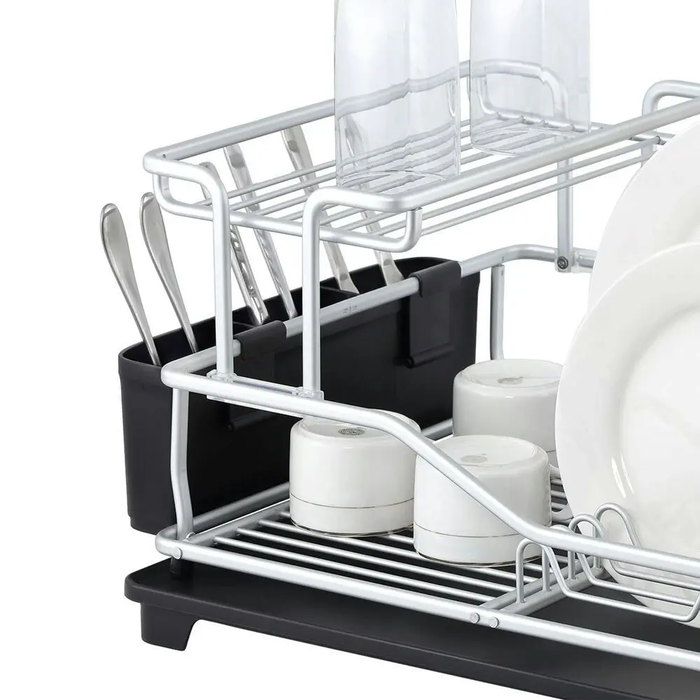 D.Line Pinnacle 52cm Aluminium 2-Tier Dish Rack Storage Organiser w/ Drain Black