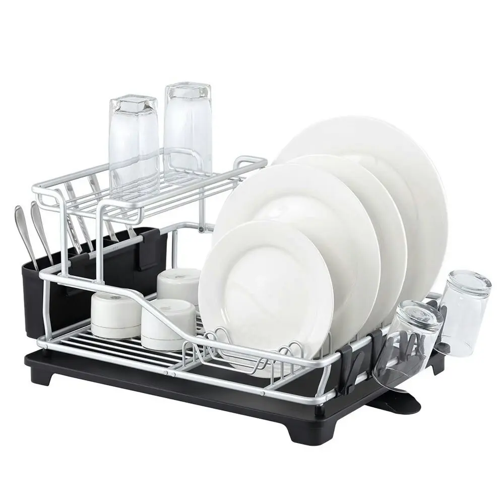 D.Line Pinnacle 52cm Aluminium 2-Tier Dish Rack Storage Organiser w/ Drain Black