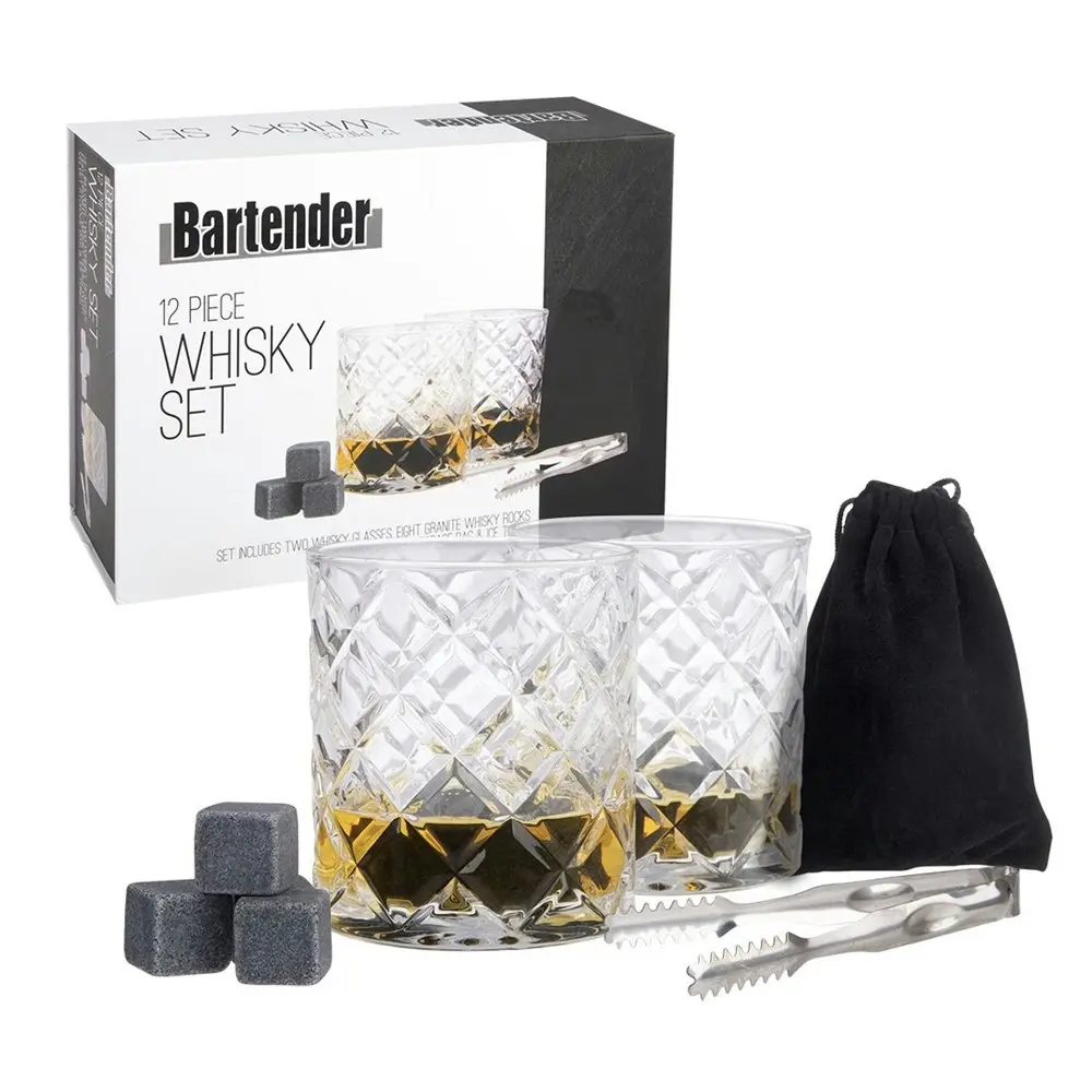 12pc Bartender Whisky Scotch Drink Glasses/Rocks/Storage Bag/Tongs Barware Set