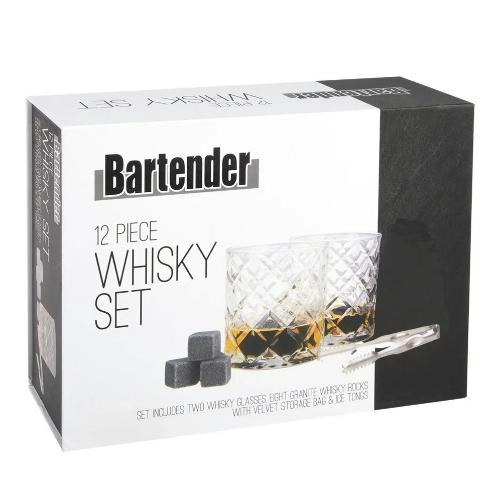 12pc Bartender Whisky Scotch Drink Glasses/Rocks/Storage Bag/Tongs Barware Set