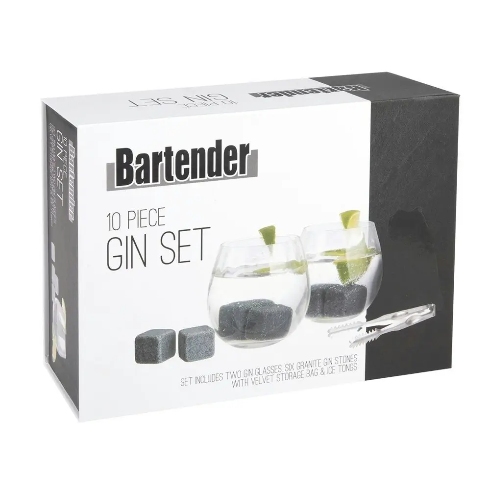 10pc Bartender Gin Cocktail Clear Glasses/Stones/Storage Bag/Tongs Barware Set