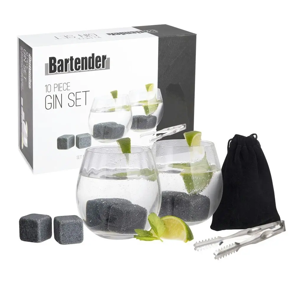 10pc Bartender Gin Cocktail Clear Glasses/Stones/Storage Bag/Tongs Barware Set