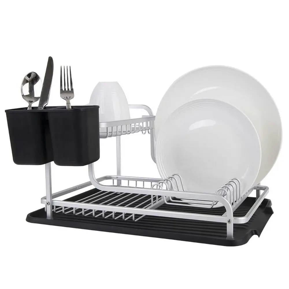 D.Line 2-Tier Aluminium 40cm Dish Rack Storage Organiser w/ Draining Board Black