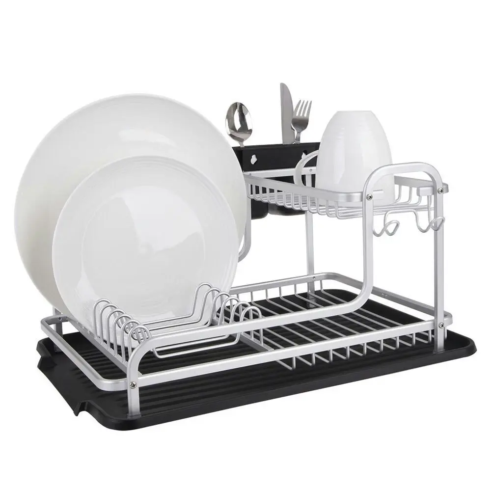 D.Line 2-Tier Aluminium 40cm Dish Rack Storage Organiser w/ Draining Board Black