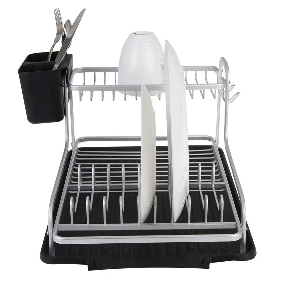 D.Line 2-Tier Aluminium 40cm Dish Rack Storage Organiser w/ Draining Board Black