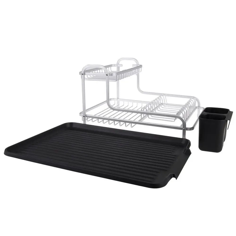 D.Line 2-Tier Aluminium 40cm Dish Rack Storage Organiser w/ Draining Board Black