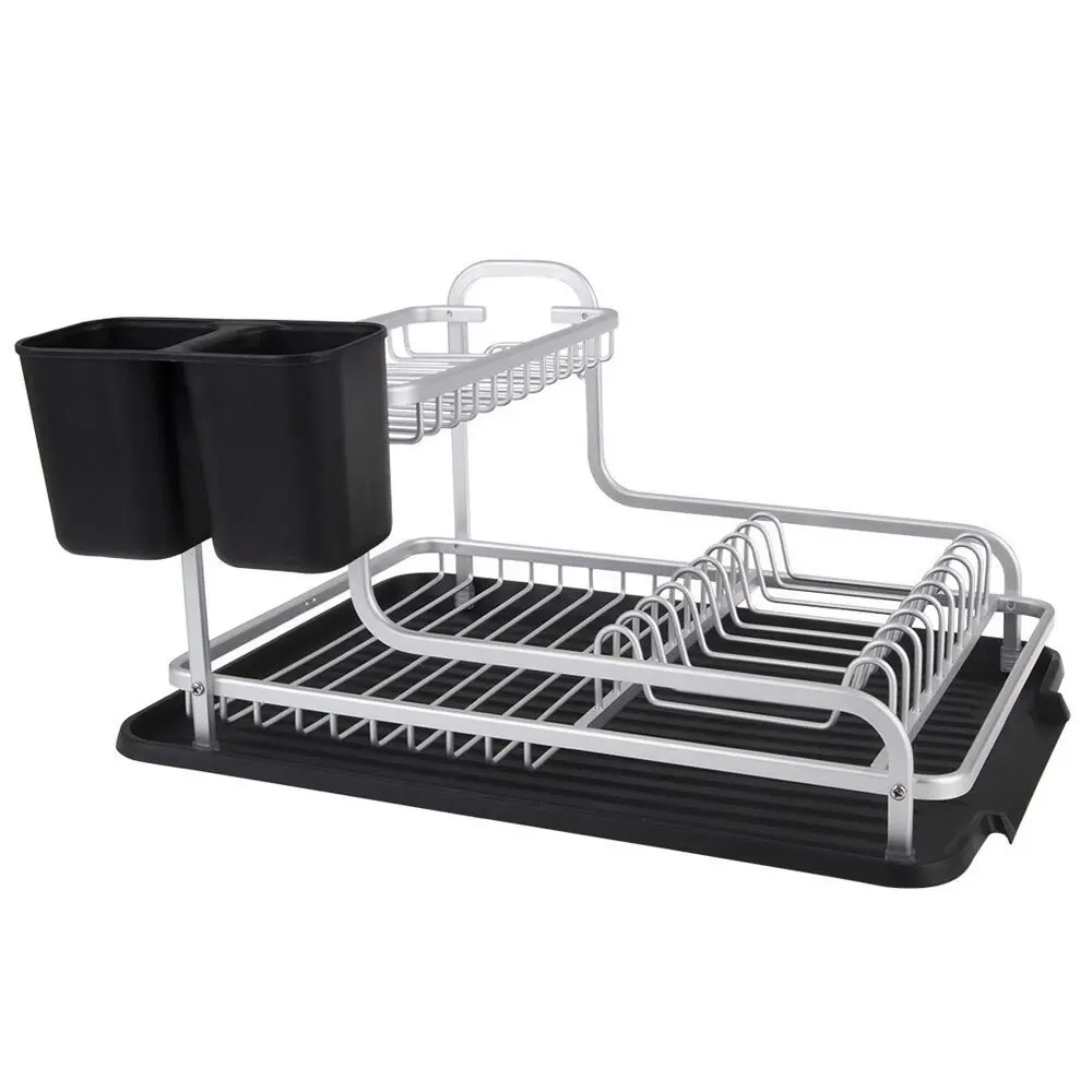 D.Line 2-Tier Aluminium 40cm Dish Rack Storage Organiser w/ Draining Board Black