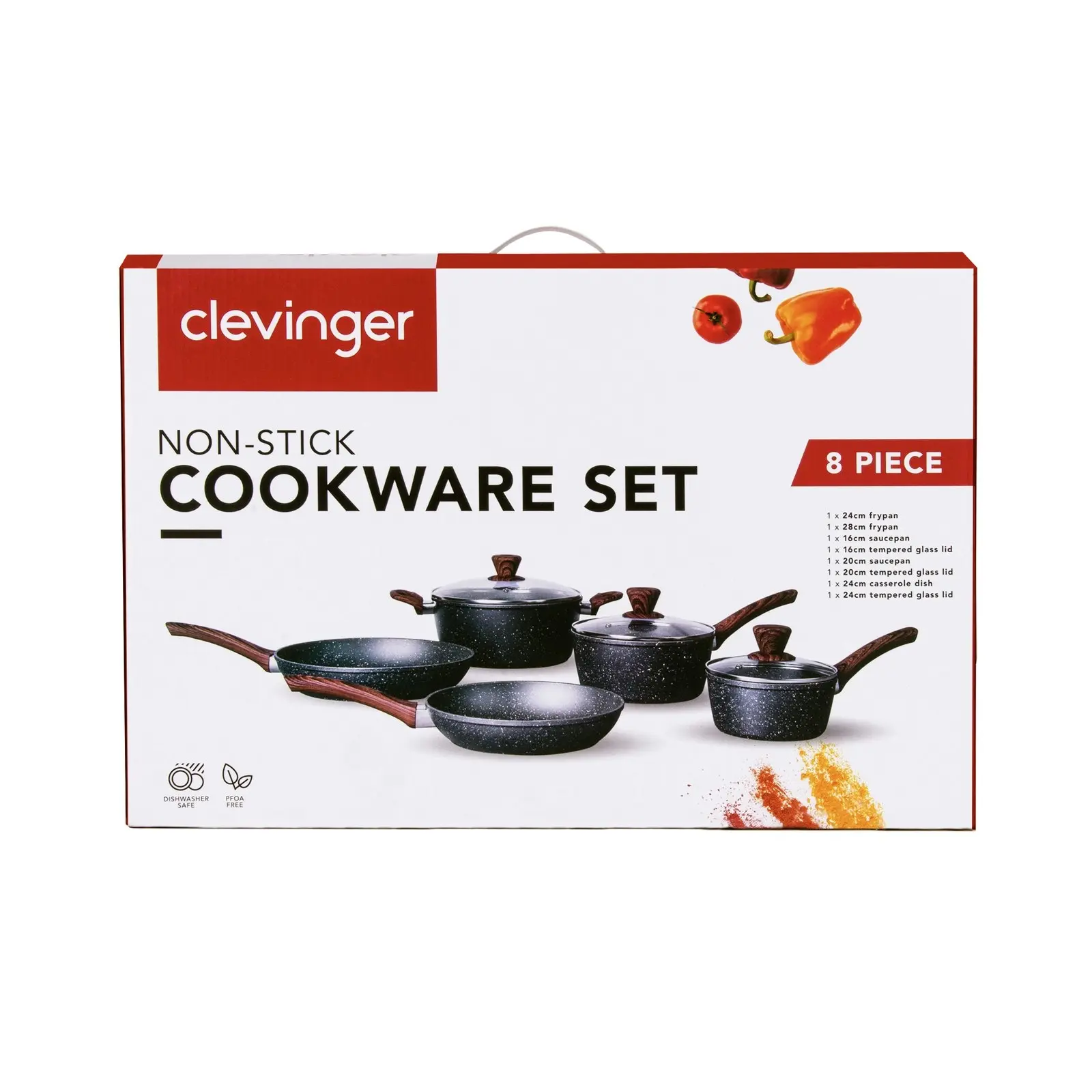 8pc Clevinger 28cm/24cm/20cm Forged Aluminium Non-Stick Round Cookware Set Black