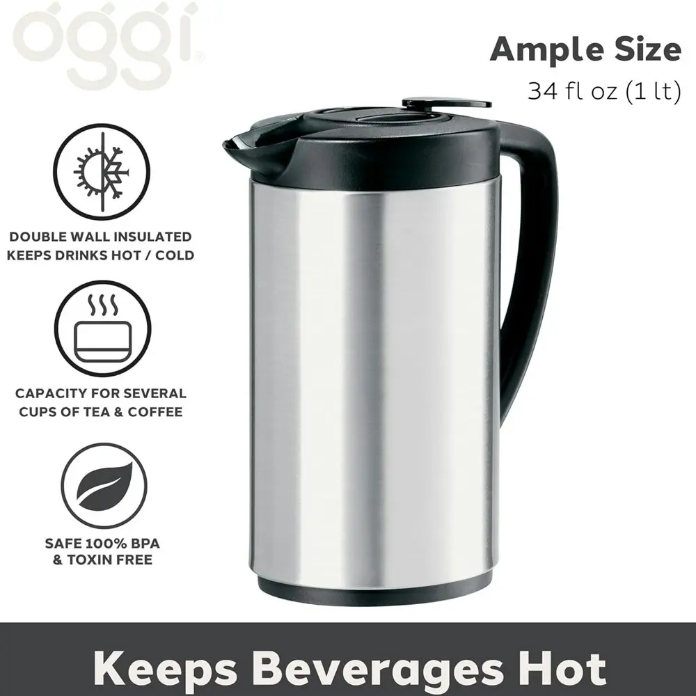 Oggi Oval Portable Brew Thermal Vacuum Insulated Carafe Stainless Steel 1L Black