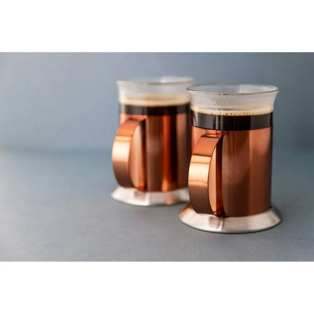 2pc La Cafetiere 300ml Stainless Steel Glass Coffee Mug Drink Cup Set Copper