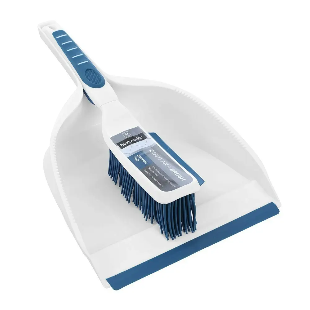 3x Boxsweden Clean 33x22.5cm Dustpan & Brush TPR Bristle Home Cleaner Set White