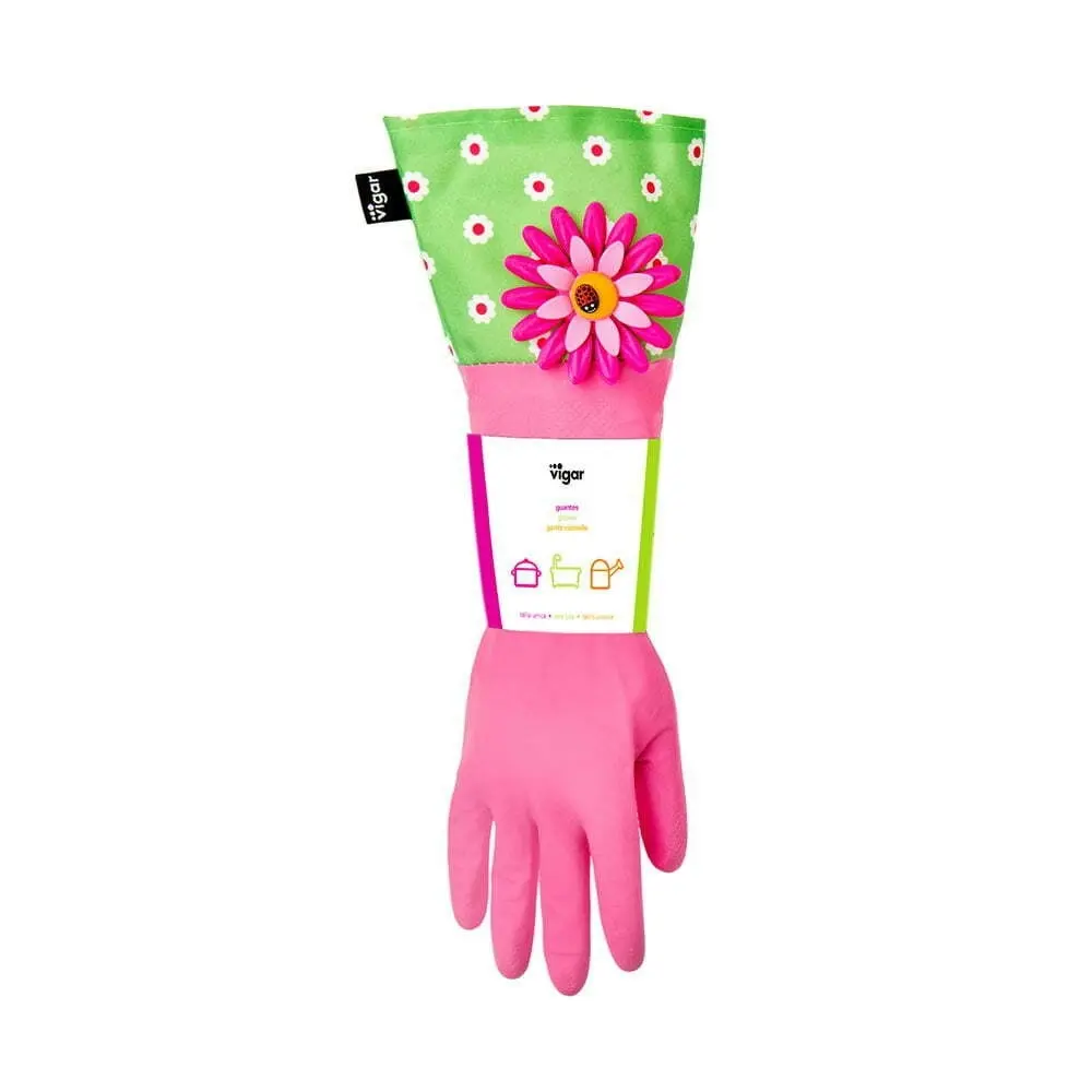 2x Vigar Flower Universal Power Cuffed Latex Gloves Pair Cleaning Protection PNK