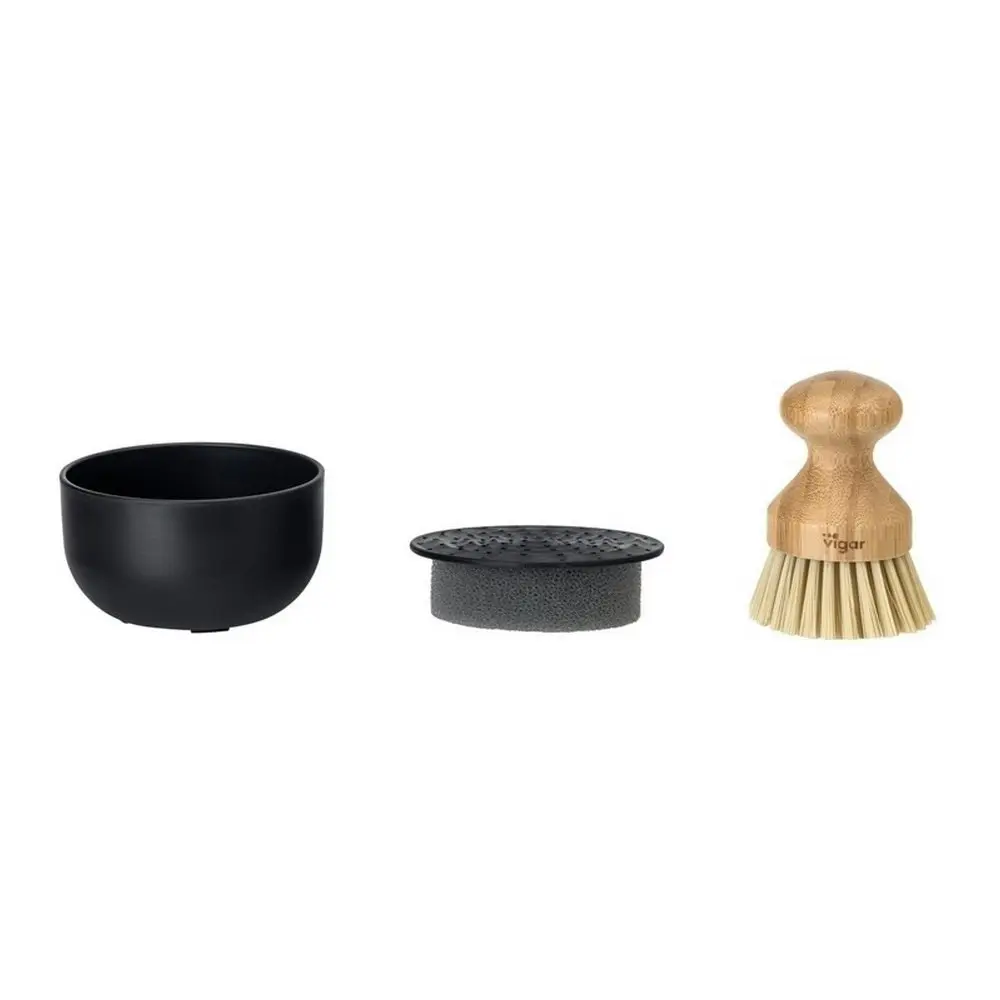 4pc Vigar Vintage 12cm Bamboo Palm Dish Brush & Soap Dispenser Set Black/Brown