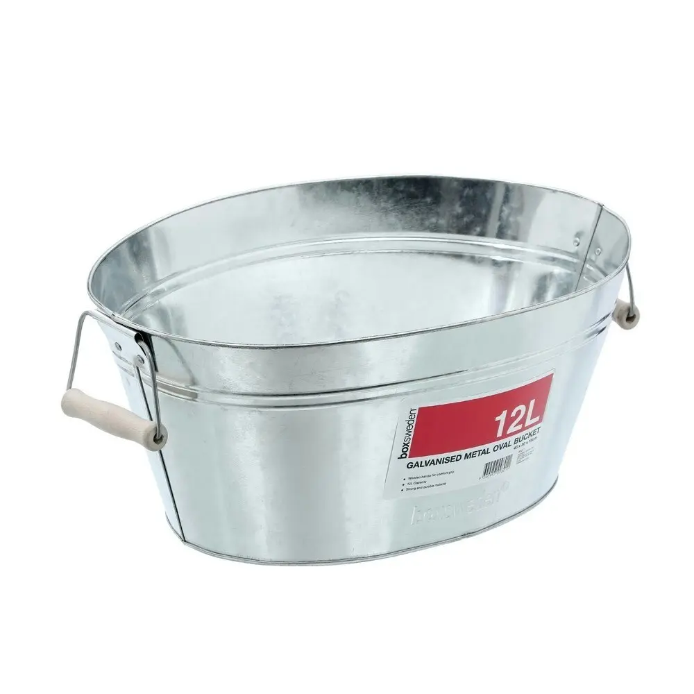 2x Boxsweden 12L Metal Oval Bucket 40cm w/Wood Handles Water Storage Galvanised