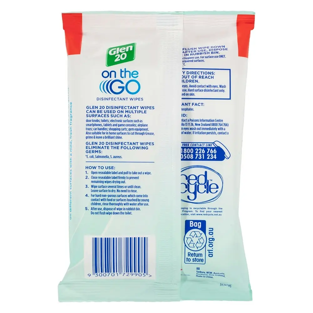 2x 15pc Glen 20 On The Go Travel/Mobile/Basket Cleaning Wet Wipes Eucalyptus