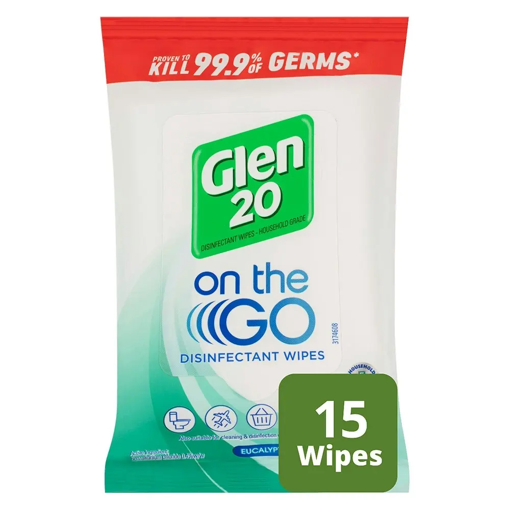 2x 15pc Glen 20 On The Go Travel/Mobile/Basket Cleaning Wet Wipes Eucalyptus