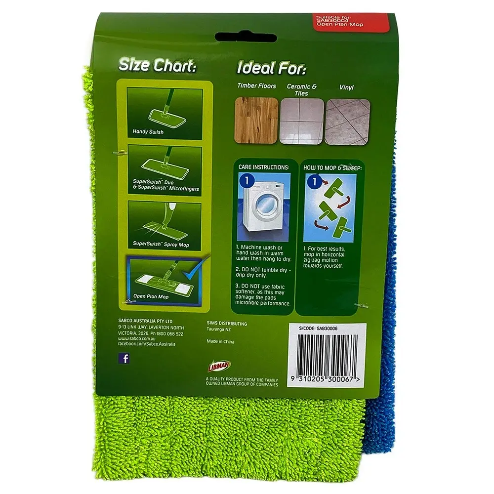 2pc Sabco 43cm Mopping Refill Replacement Microfibre Wet Pad For Open Plan Mop