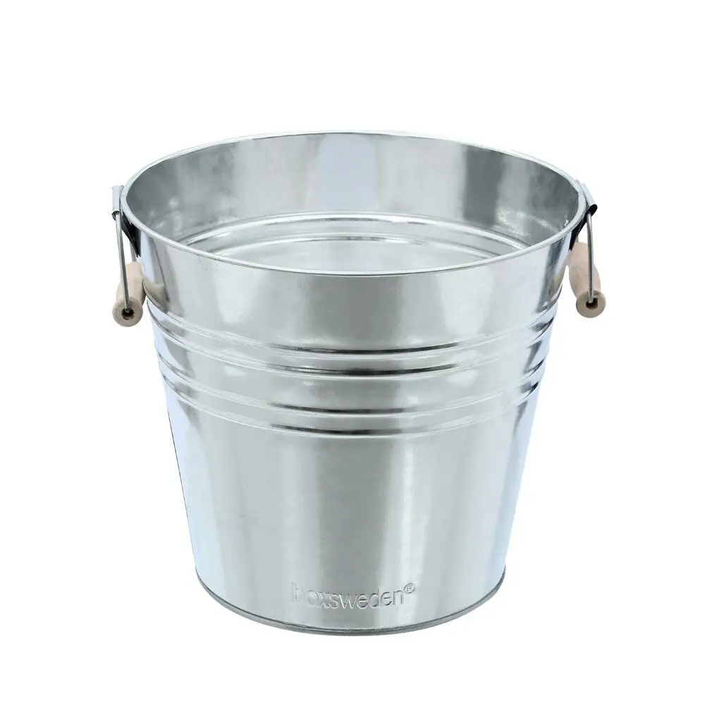 3PK Boxsweden 12L Metal Ice Bucket 30cm Wood Handle Water Storage Galvanised