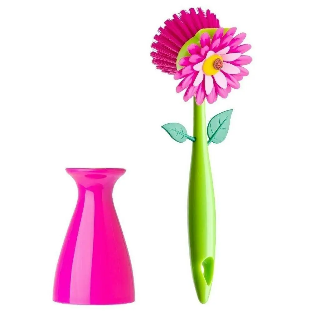 Vigar Flower Power Dish Brush Kitchen Plate/Bowl Cleaner Scrubber w/ Vase Pink