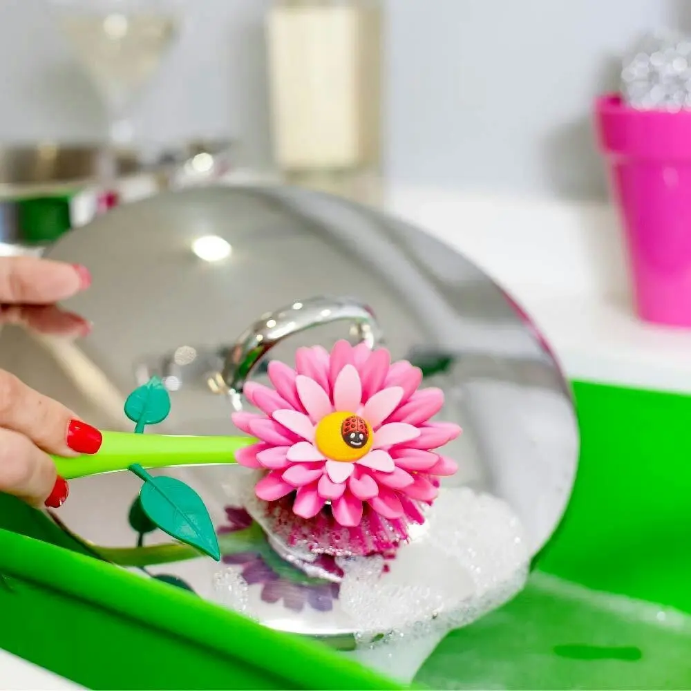 Vigar Flower Power Dish Brush Kitchen Plate/Bowl Cleaner Scrubber w/ Vase Pink