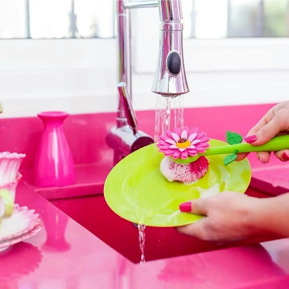 Vigar Flower Power Dish Brush Kitchen Plate/Bowl Cleaner Scrubber w/ Vase Pink