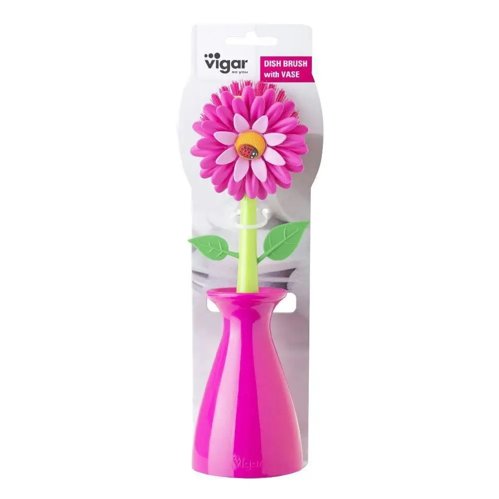 Vigar Flower Power Dish Brush Kitchen Plate/Bowl Cleaner Scrubber w/ Vase Pink