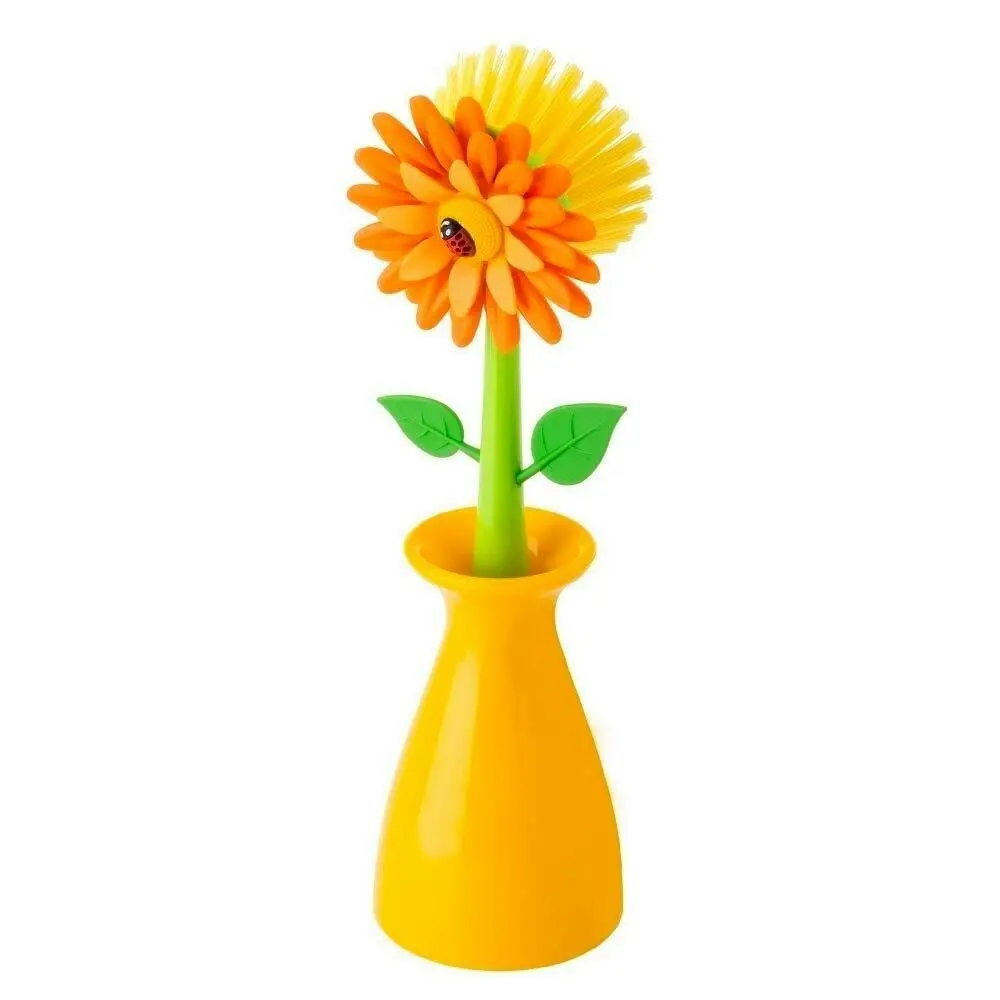 Vigar Flower Power Dish Brush Kitchen Plate/Bowl Cleaner Scrubber w/ Vase Orange