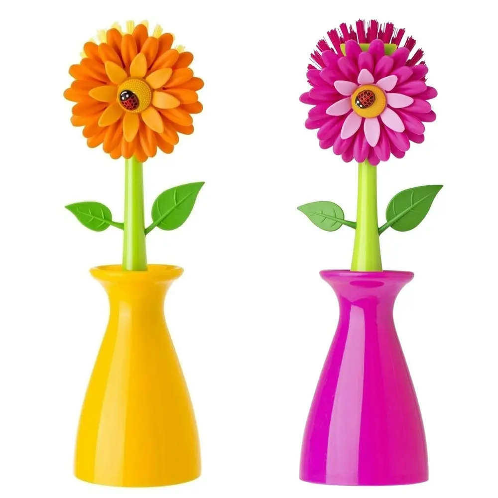 Vigar Flower Power Dish Brush Kitchen Plate/Bowl Cleaner Scrubber w/ Vase Orange