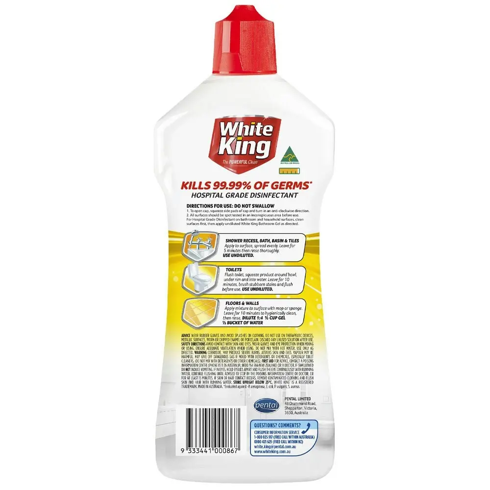 6x White King Powergel Hospital Grade Disinfectant Clean Bathroom Lemon 750ml