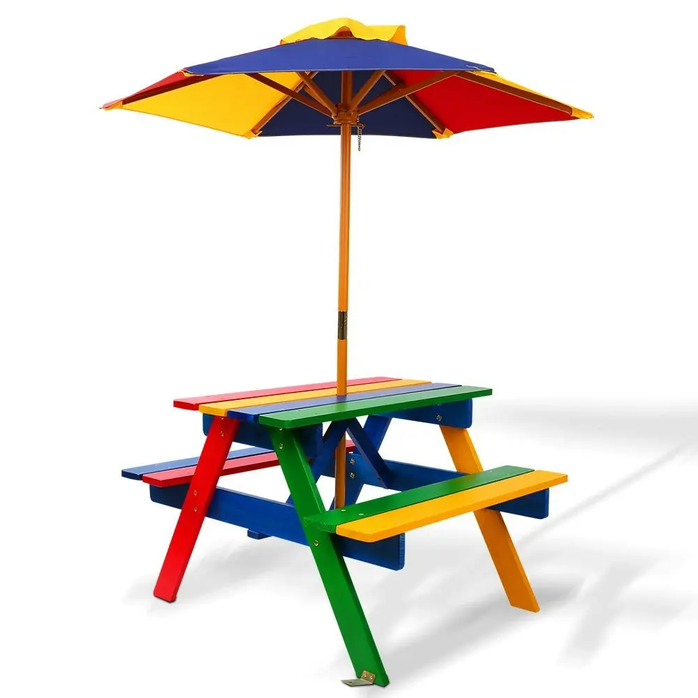 Keezi Kids Outdoor Table and Chairs Picnic Bench Set Umbrella Colourful